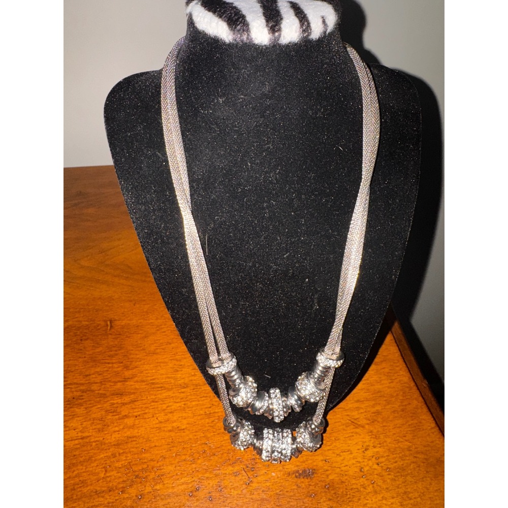 Chicos Silver Tone Mesh Double Strand Necklace with Rhinestone Charms - Picture 2 of 8
